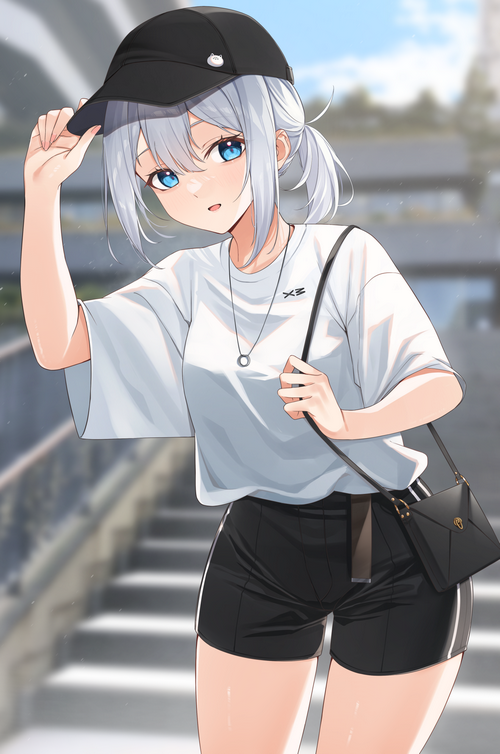 Anime girl with blue eyes wearing a hat and shorts