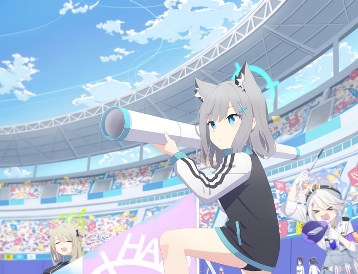 Shiroko with a megaphone at a stadium