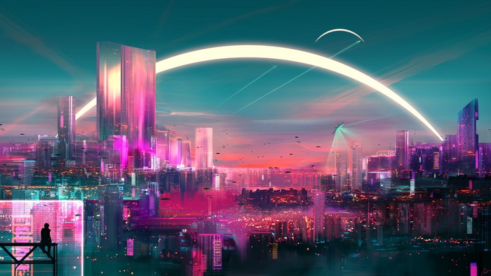 Futuristic cityscape with glowing skyscrapers and flying vehicles