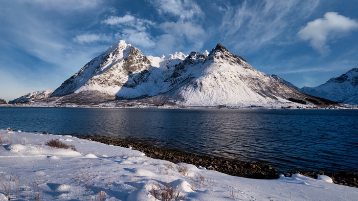 4K Norway Lofoten winter mountains and sea