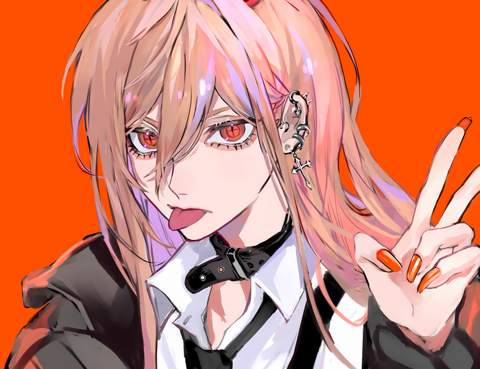 Power from Chainsaw Man with tongue out and peace sign
