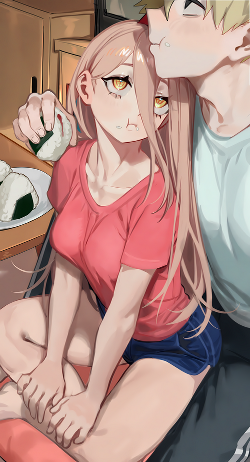 Power and Denji eating rice balls from Chainsaw Man