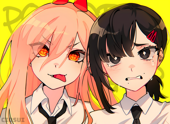 Chainsaw Man, tongue out, horns, moles, fangs, crying, blonde, Power