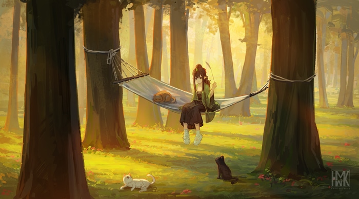Girl in Hammock with Cats in Forest