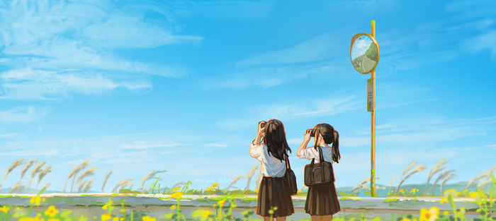 Two schoolgirls with cameras by a road