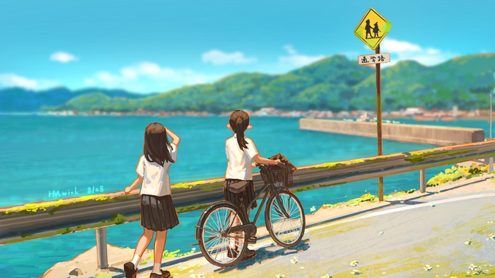 Two schoolgirls by the sea with a bicycle