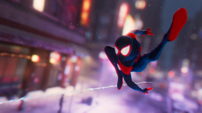Spider-Man Miles Morales swinging through a snowy city
