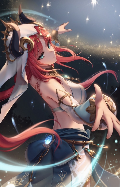 Nilou from Genshin Impact with red hair and blue eyes