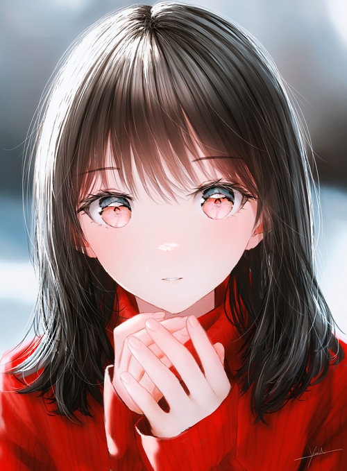 Anime girl with red eyes and black hair