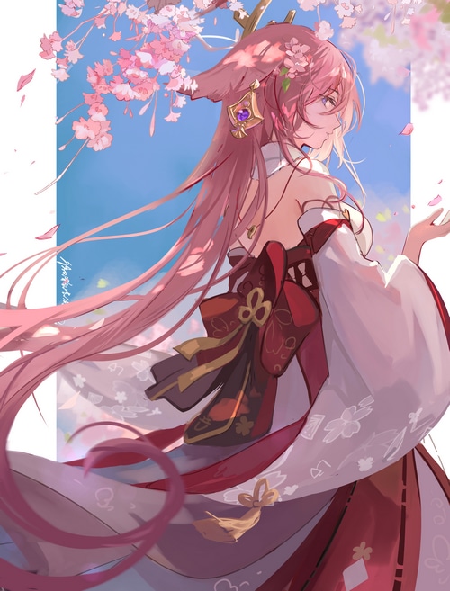 Yae Miko from Genshin Impact with pink hair and fox ears