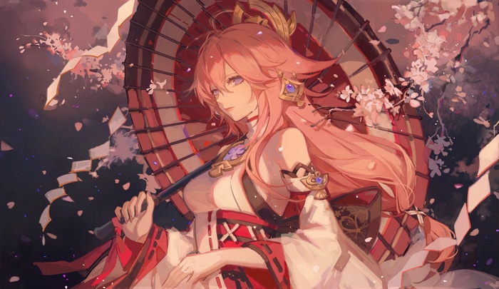 4K Yae Miko with Umbrella and Flowers