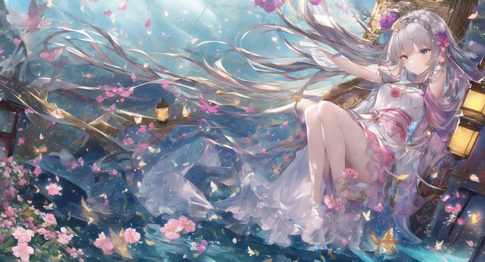 Anime girl with long hair and blue eyes surrounded by flowers
