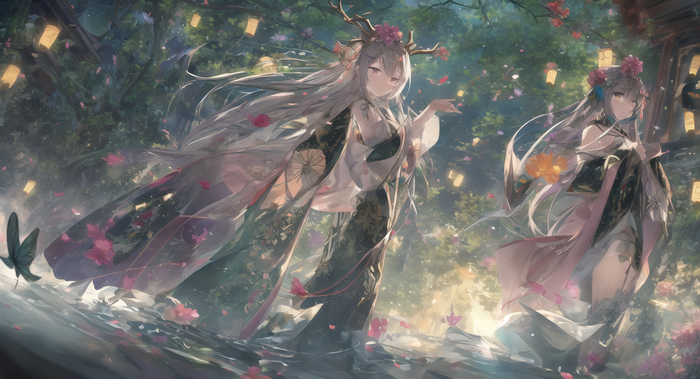 Two anime girls in traditional Chinese dresses in a forest