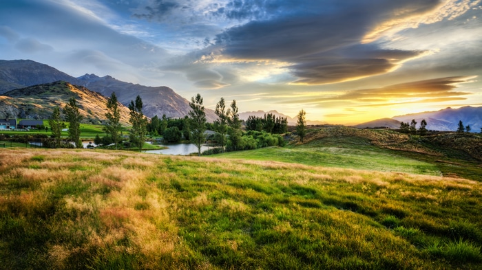 4K New Zealand Landscape with Mountains and Sunset