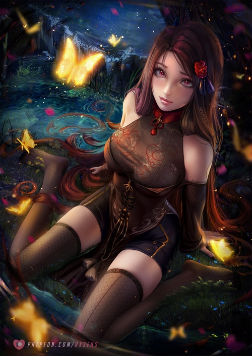 Woman with pink eyes and flower in hair with butterflies