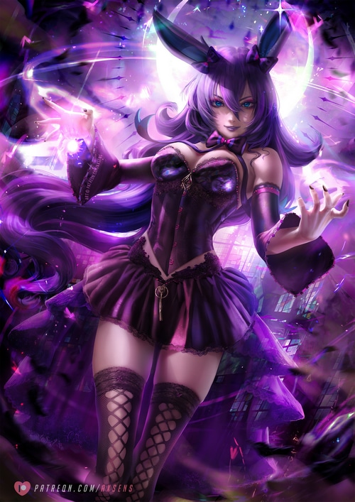 Axsens drawing of a purple-haired bunny girl with blue eyes