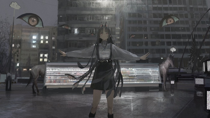 Girl with cat ears and horses in a city at night