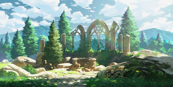 Ancient ruins in a forest with mountains