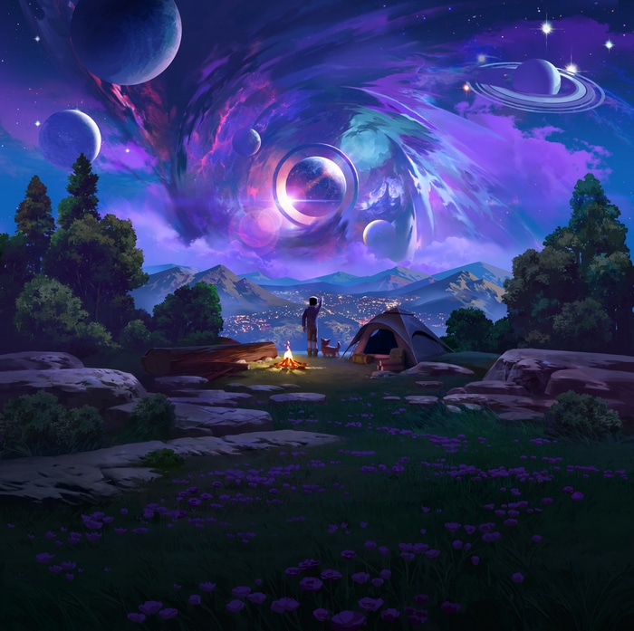 4K Sci-Fi Landscape with Planets and Camping