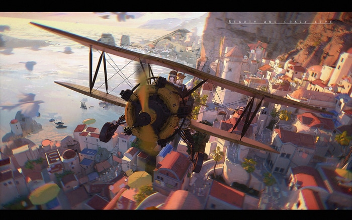 Biplane flying over a coastal village
