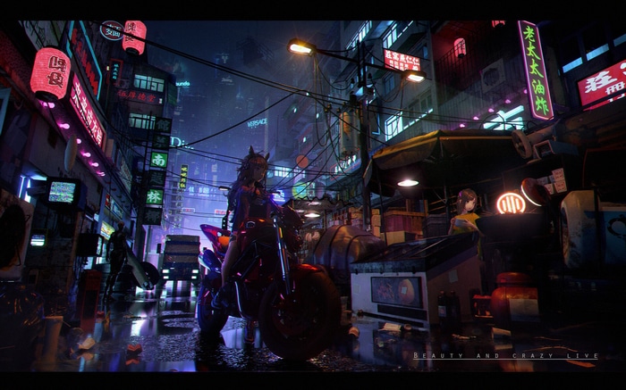 Anime girl on a motorcycle in a neon-lit city street