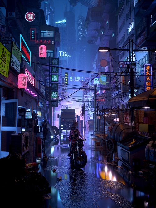 Cyberpunk city street with neon lights and a motorcycle