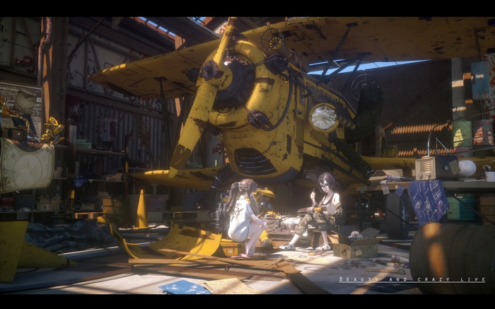Anime girls in a hangar with a yellow airplane