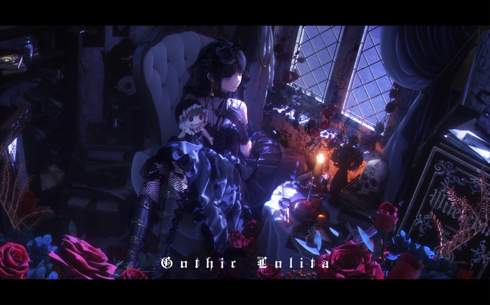 Gothic Lolita girl with doll in a dark room