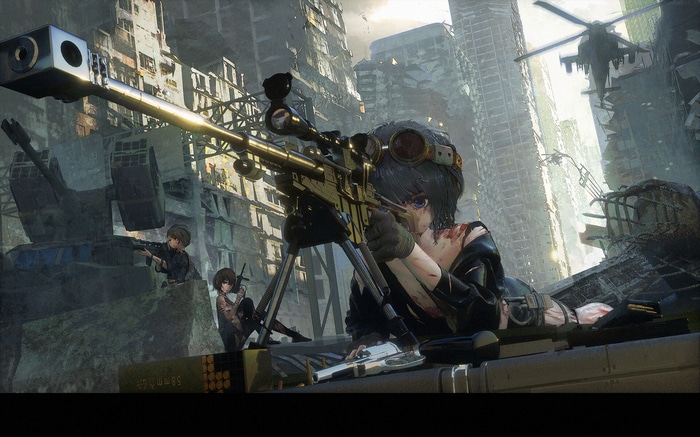 Anime girls with sniper rifles in ruined city