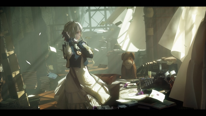 Violet Evergarden in a room with papers and books