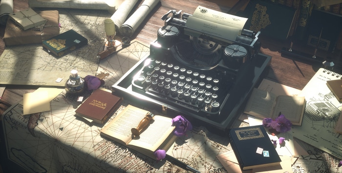 Violet Evergarden's desk with typewriter and books