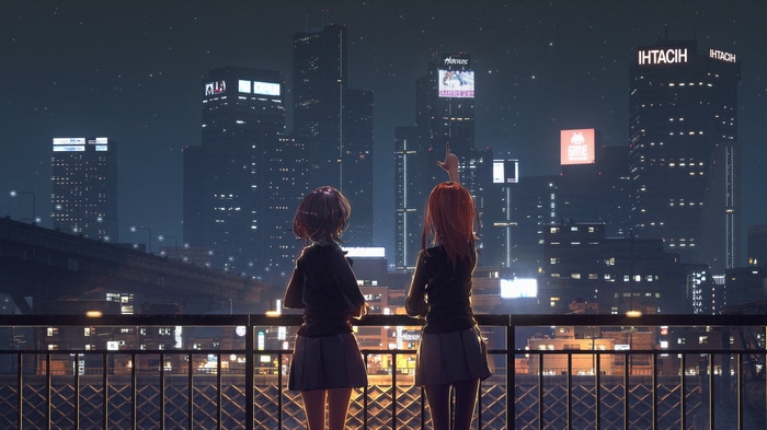 Shibuya Kanon and Tang Keke admire a nighttime cityscape