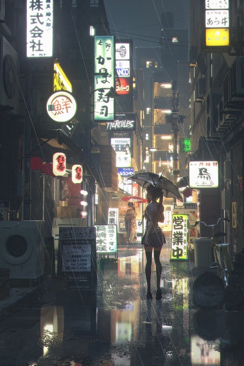 Girl with umbrella in rainy Japanese street at night