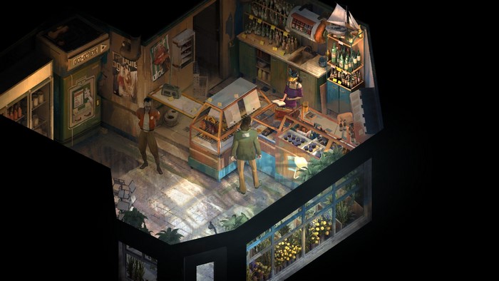 Disco Elysium store interior with characters
