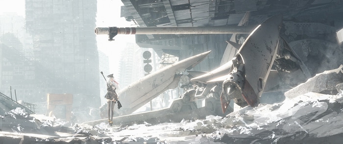Vladilena Milizé in ruins with a crashed aircraft