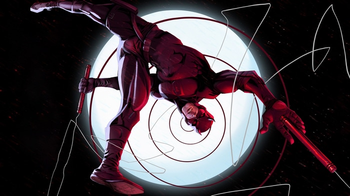 Daredevil in a dynamic pose with his billy clubs