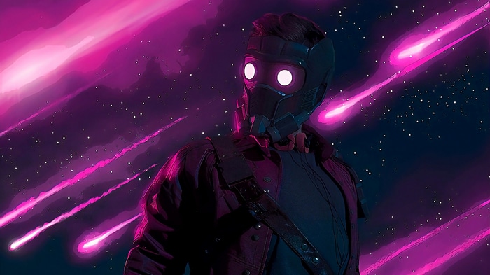 Star-Lord in front of shooting stars in space
