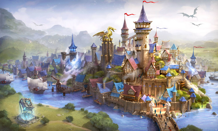 Fantasy Elvenar City with Dragons and Ships