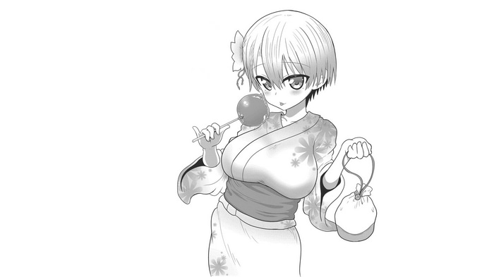 Uzaki Hana eating a candy apple in a yukata