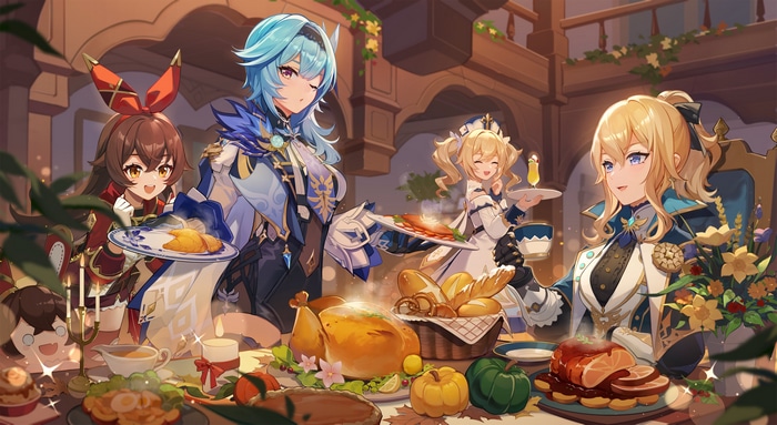 Genshin Impact: Amber, Eula, Barbara, and Jean at a Feast