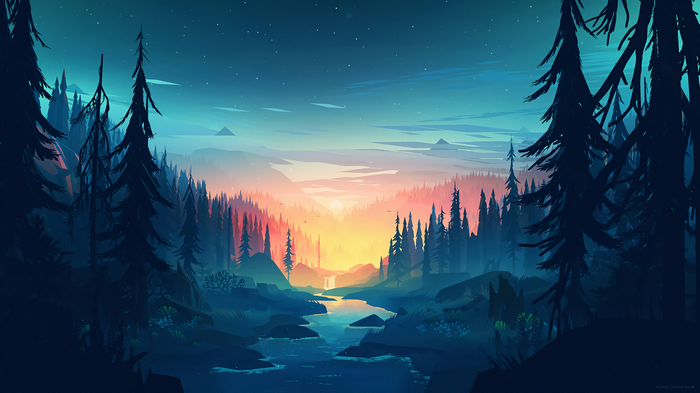 4K Forest Landscape with River and Sunset