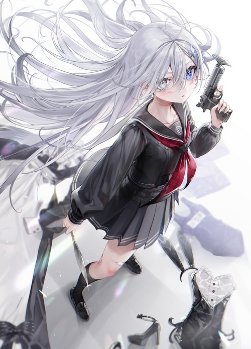 Girl with gun in school uniform