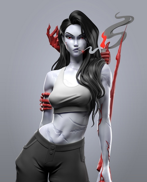 Woman smoking with red demonic hands