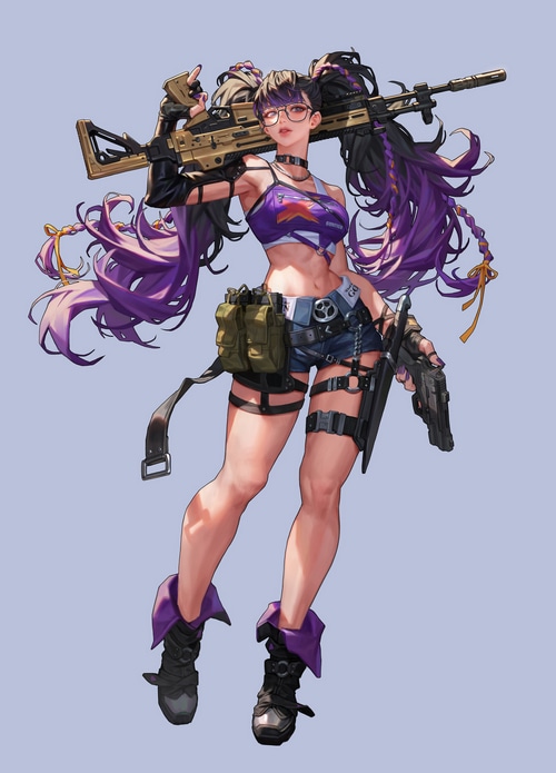 Woman with glasses holding a machine gun and pistol