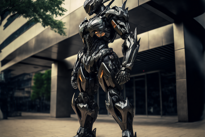A metallic robot stands in front of a modern building