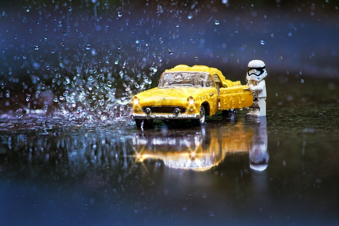 4K Rain on Yellow LEGO Car with Stormtrooper