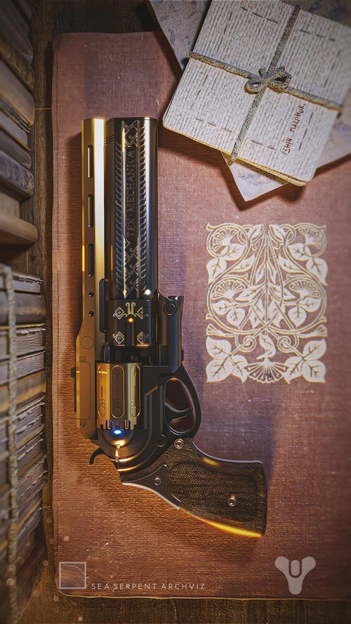Destiny Tex Mechanica Hand Cannon on a Book