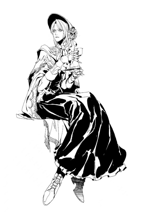 Monochrome drawing of a person in a hat holding a cup