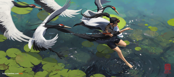 Kan Liu with cranes in water lilies pond