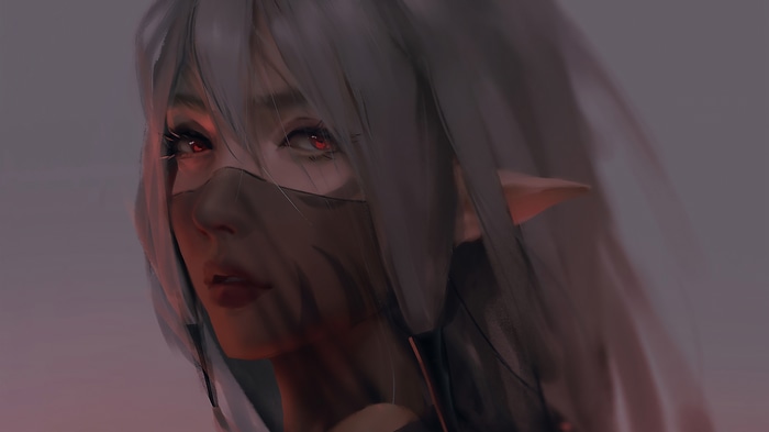 4K woman with red eyes and gray hair